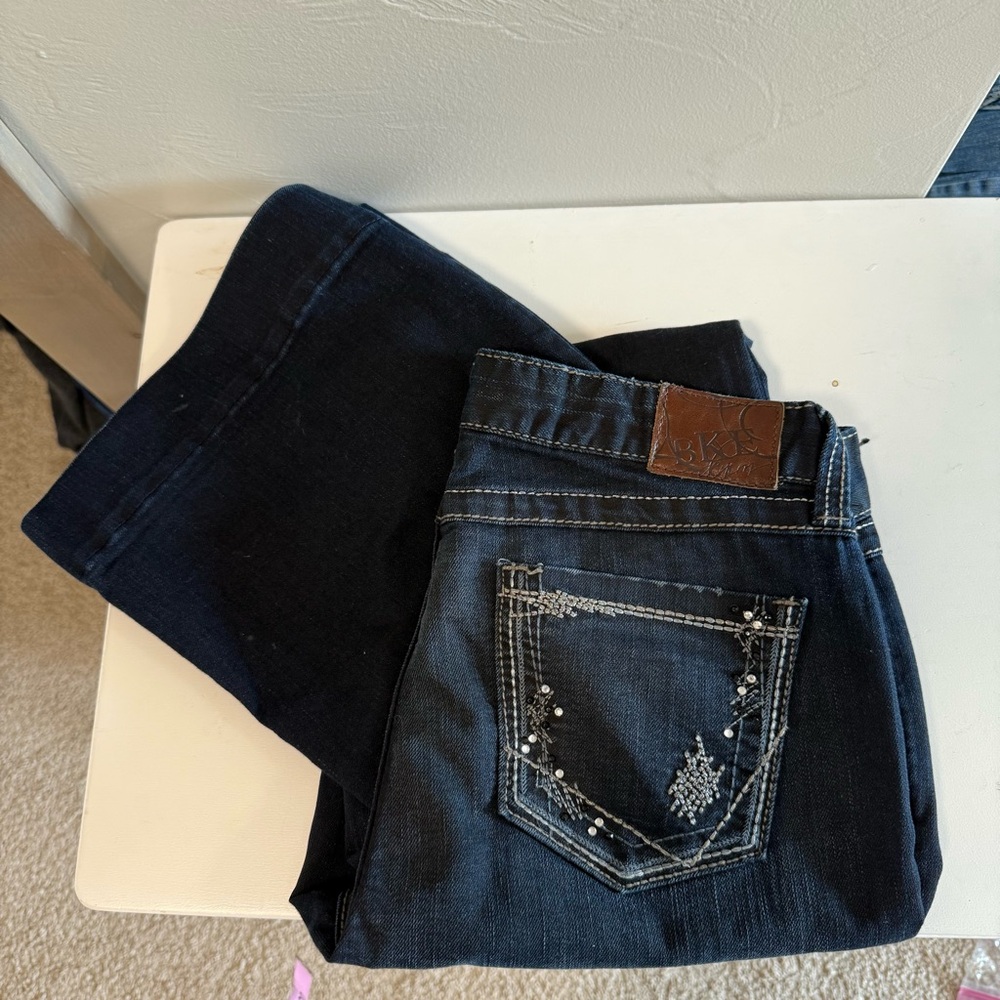 BKE Brie Flared Bootcut Trouser Style Jean Dark Wash Sequin Detail High Waist 28